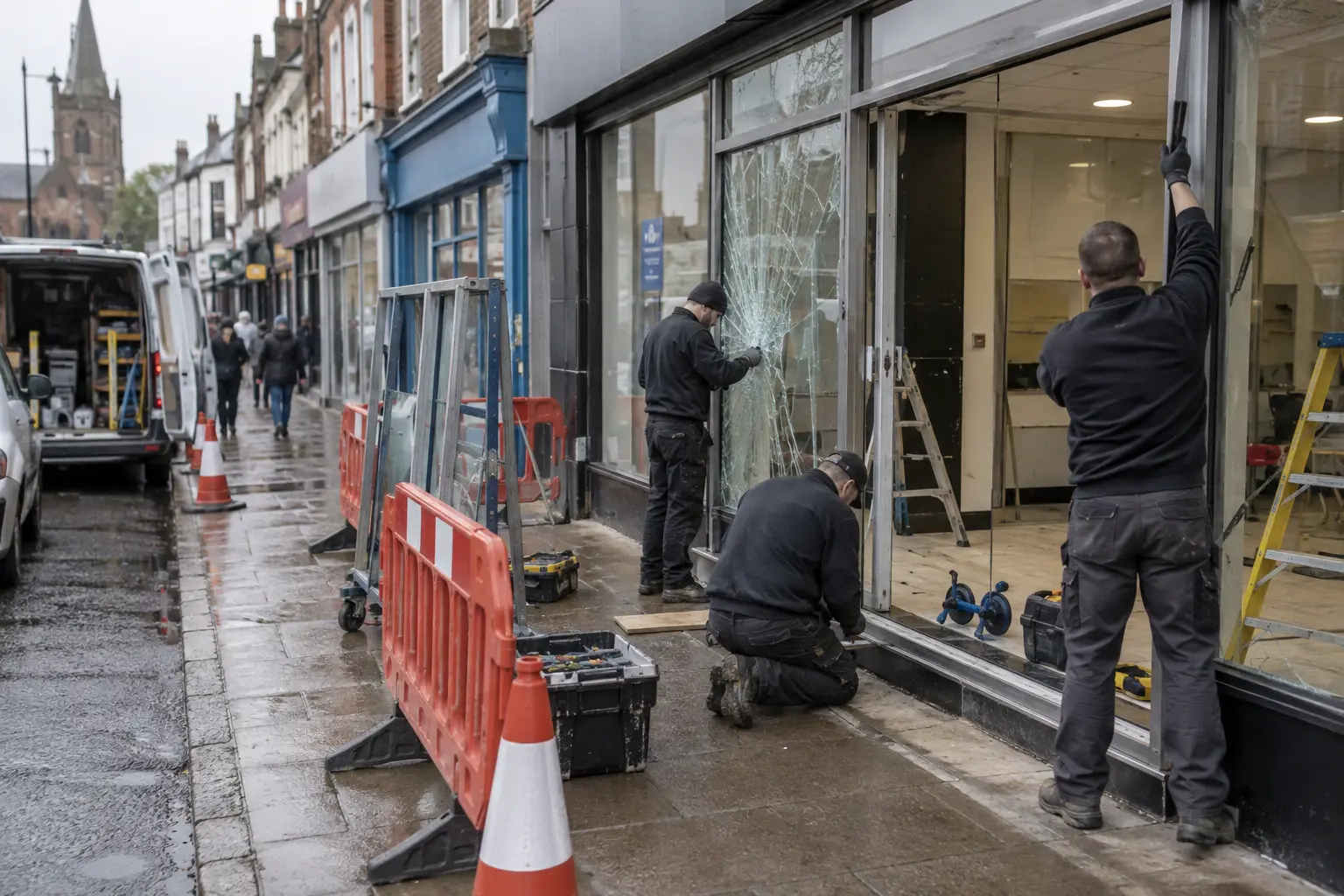 Shop front repair team repairing a commercial shopfront